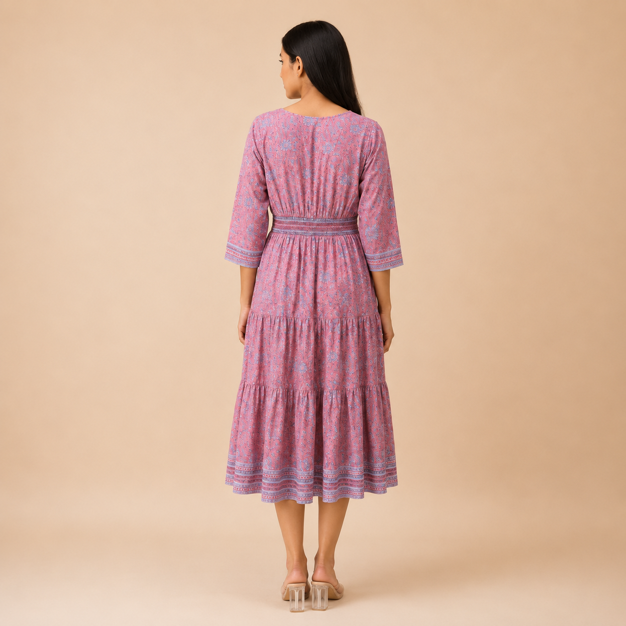 Pink Floral Handblock Printed Cotton Dress