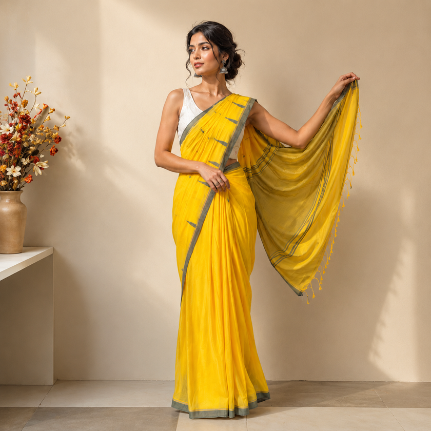 Yellow Achol Chin Handloom Mul Cotton Saree with Small Striped Pallu
