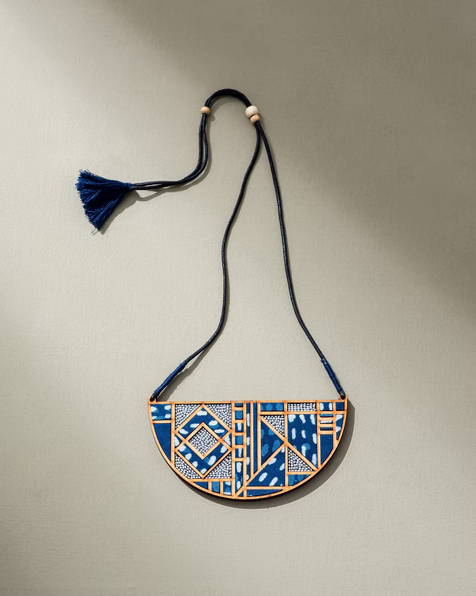 WHE Indigo Repurposed Fabric and Wood Maze Necklace