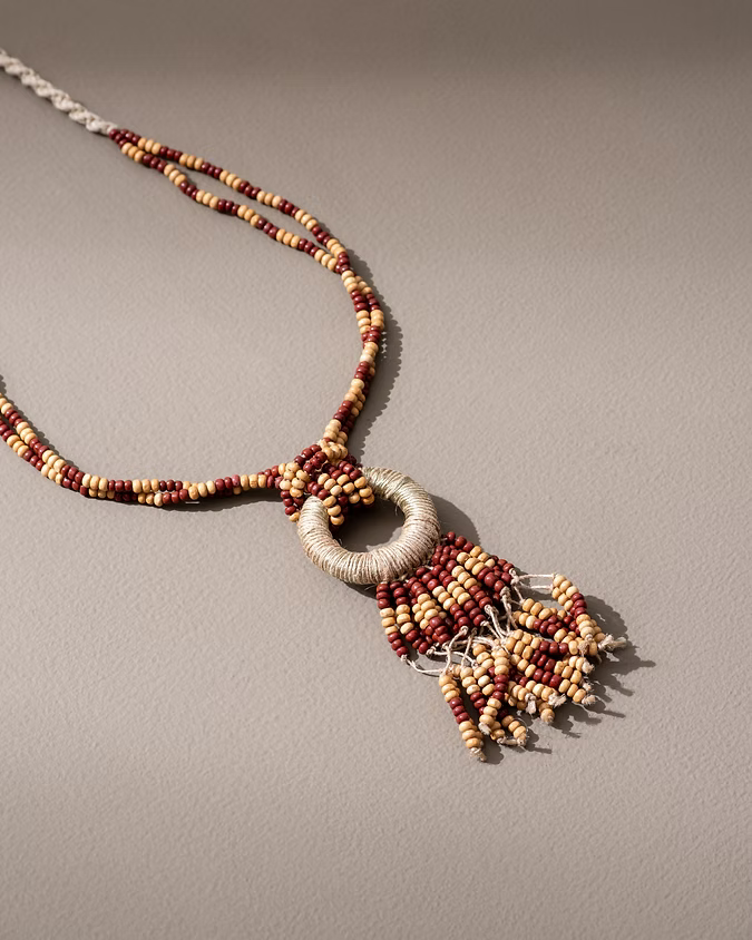 Adjustable Jute, Wooden Beads and Glass Beads Fringe Pendant Necklace