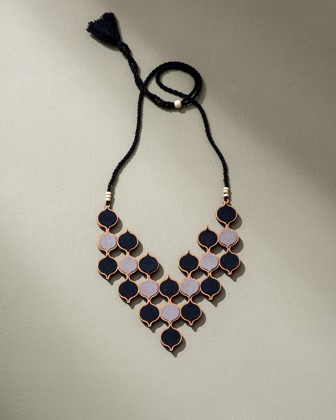 Black Repurposed Fabric & Wood Statement Adjustable Necklace