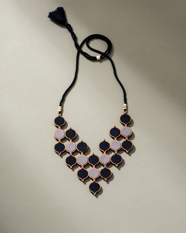 Black Repurposed Fabric & Wood Statement Adjustable Necklace