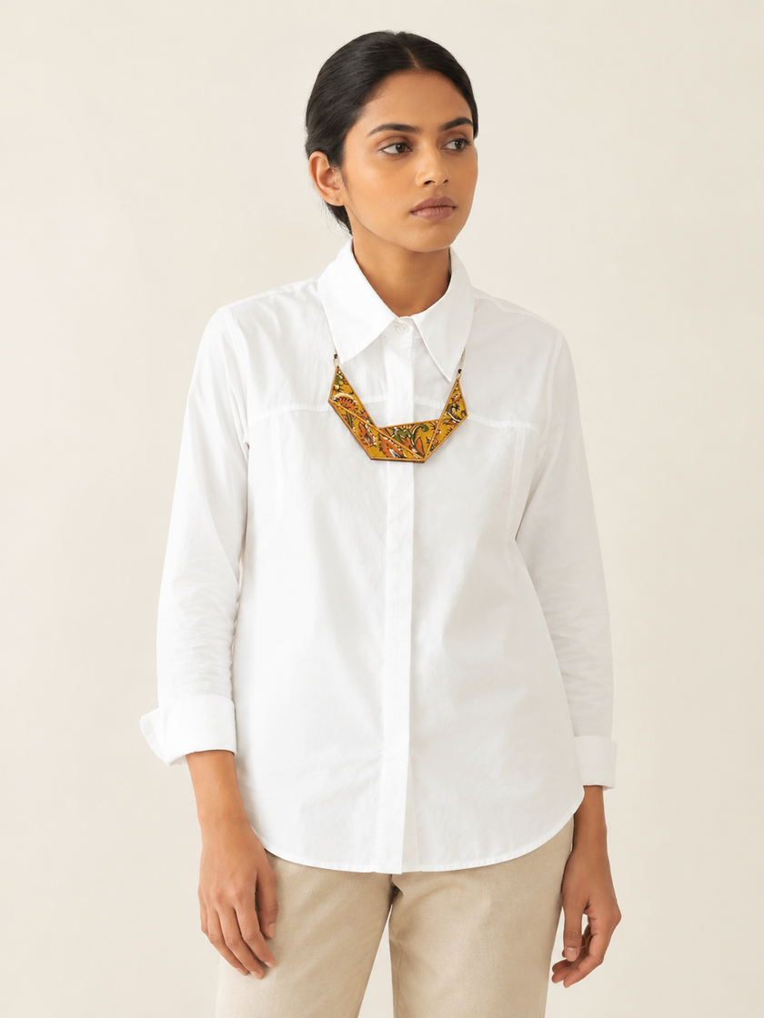 WHE Kalamkari Connecting Triangle Repurposed Fabric and Wood Necklace