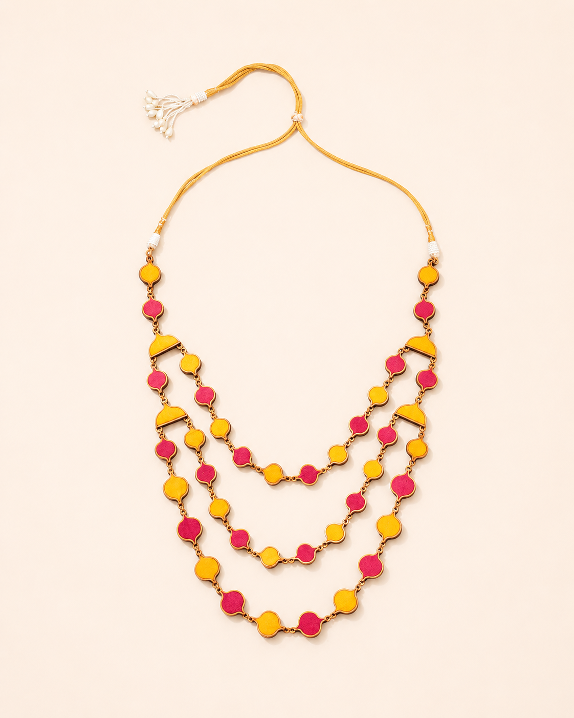 WHE Red Mustard  Festive Repurposed Fabric and Wood Elaborate Necklace