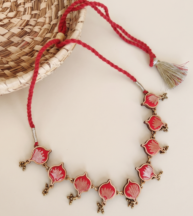 WHE Red Brocade Festive Repurposed Fabric and Wood Choker