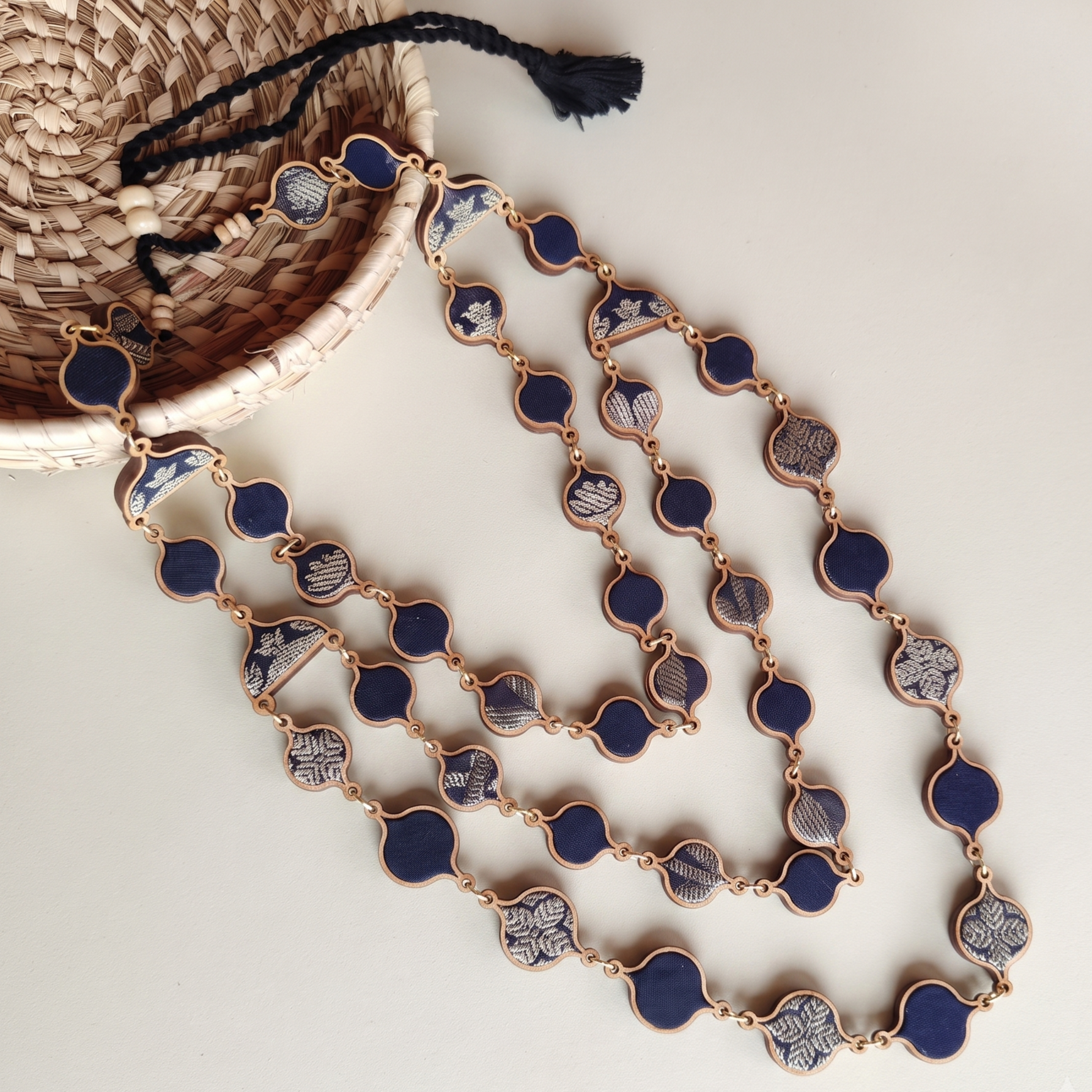 WHE layered Festive Repurposed Fabric and Wood Necklace