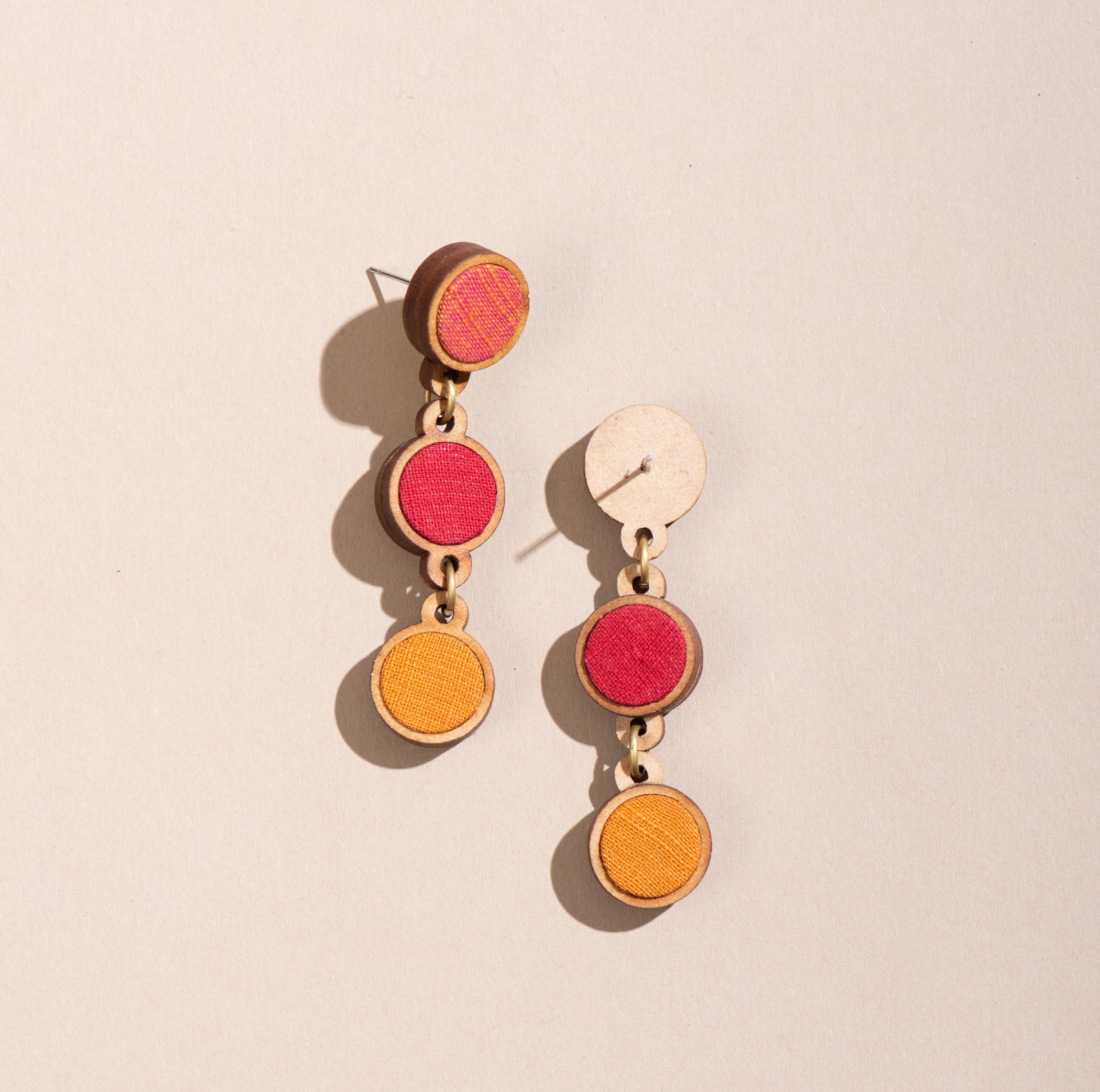 WHE Red Orange Festive Repurposed Fabric and Wood Round Earring
