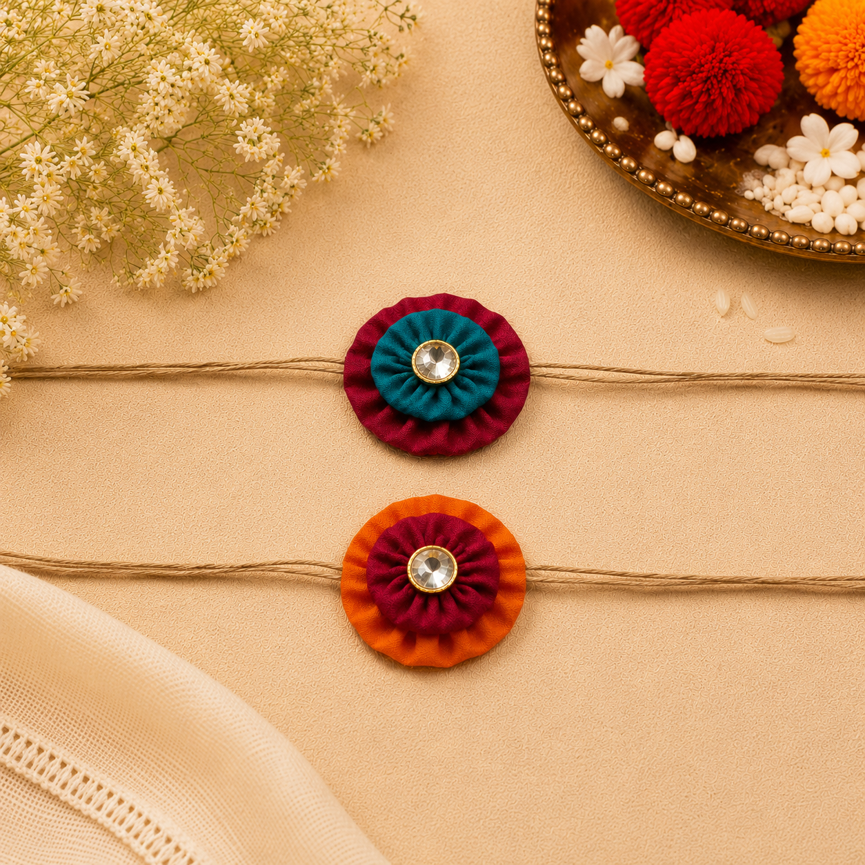 Whe Set of 2 Handmade Fabric Flower Rakhi combo