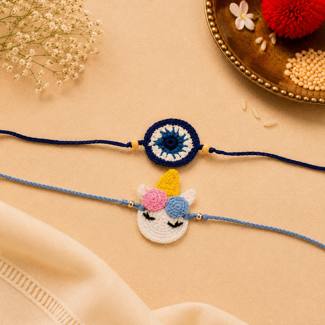 Whe Set of Handmade Crochet Unicorn & Evil Eye Rakhi combo