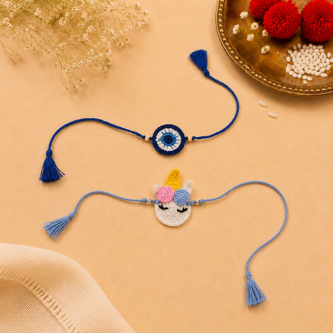 Whe Set of Handmade Crochet Unicorn & Evil Eye Rakhi combo