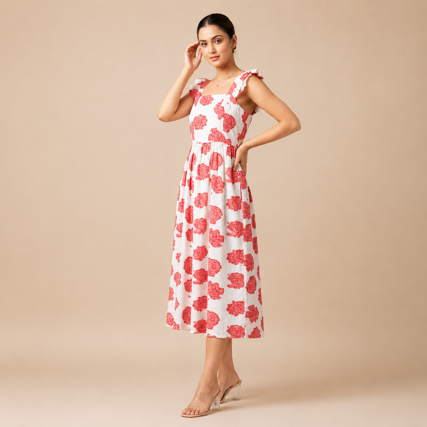 White Floral Hand block Printed Cotton Dress