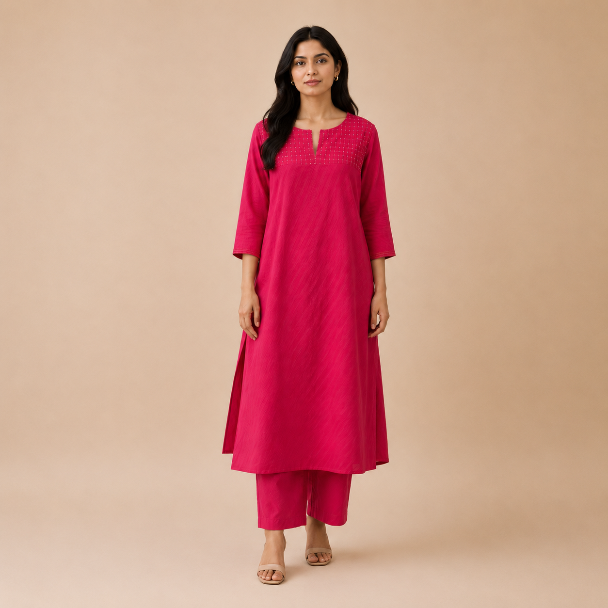 Pink Hand Embroidered Cotton Zari Kurta with Kantha Embroidery