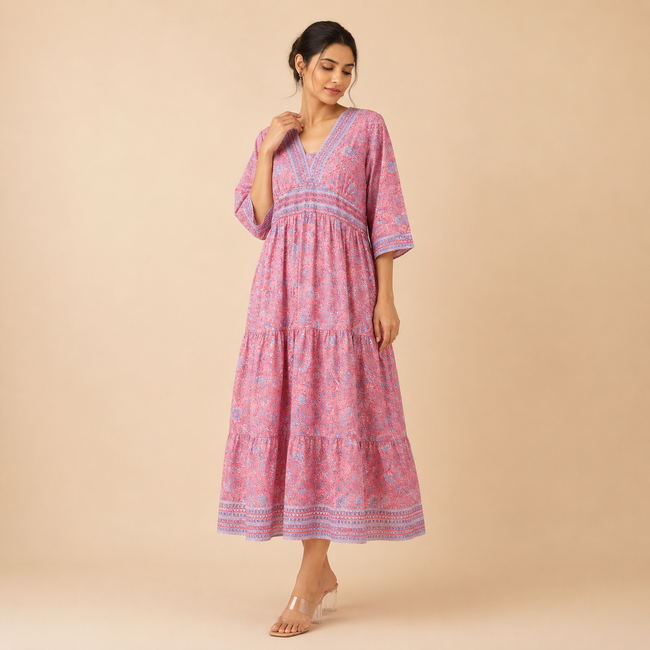 Pink Floral Handblock Printed Cotton Dress