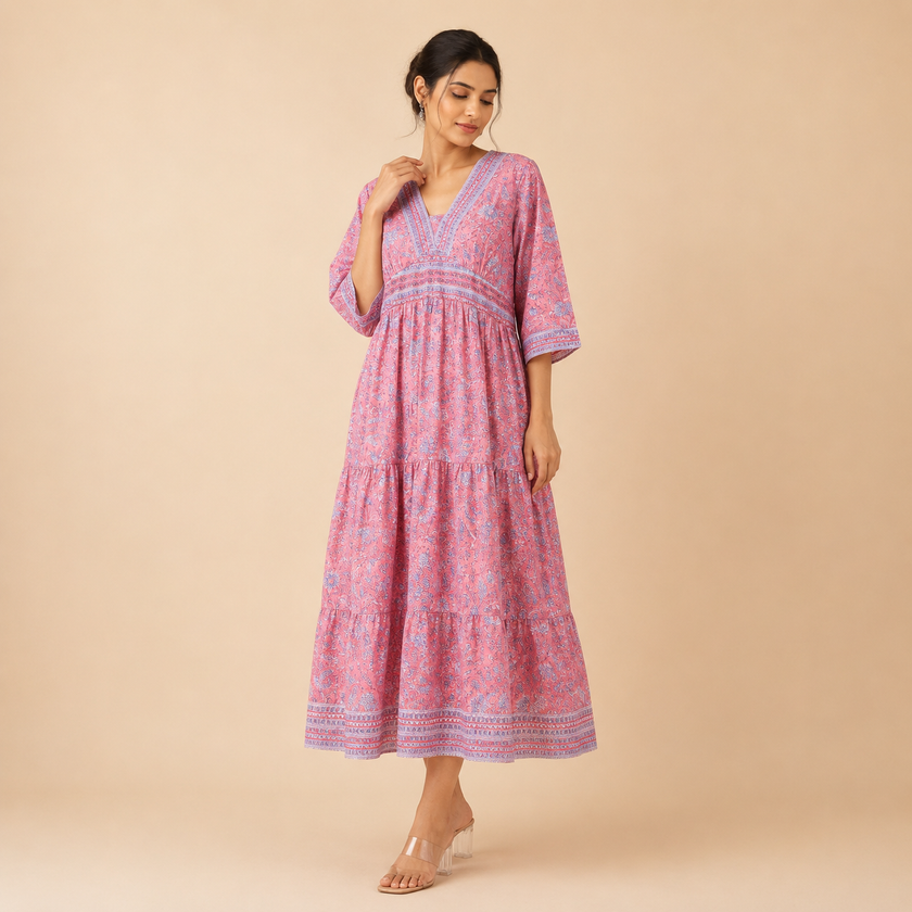Pink Floral Handblock Printed Cotton Dress