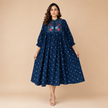 Navy Blue Hand Embroidered Pure Cotton Bandhej Kurta with Kantha Embroidery