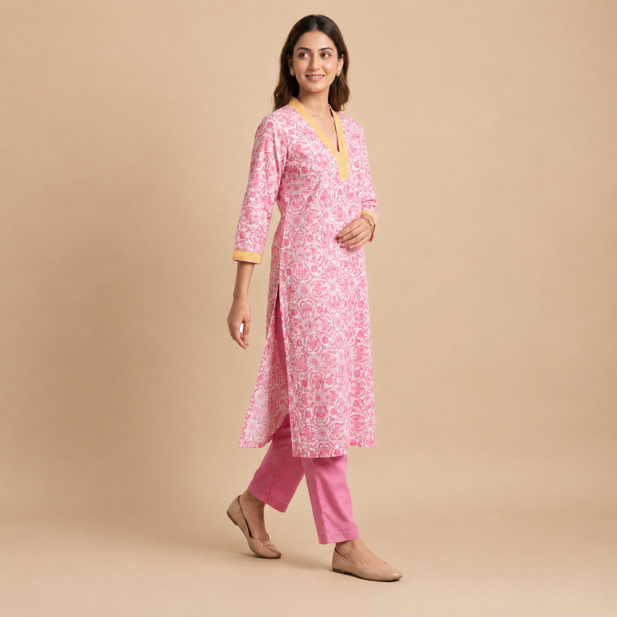 Pink Hand block Printed Cotton V-Neck Suit Set