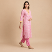Pink Hand block Printed Cotton V-Neck Suit Set