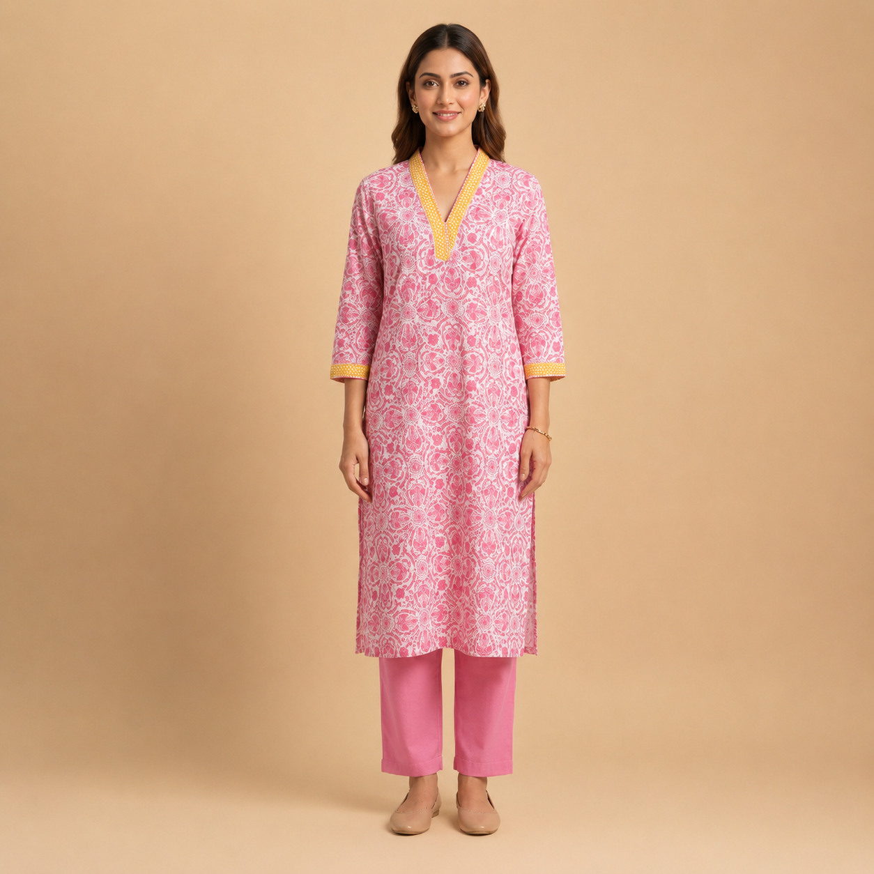 Pink Hand block Printed Cotton V-Neck Suit Set