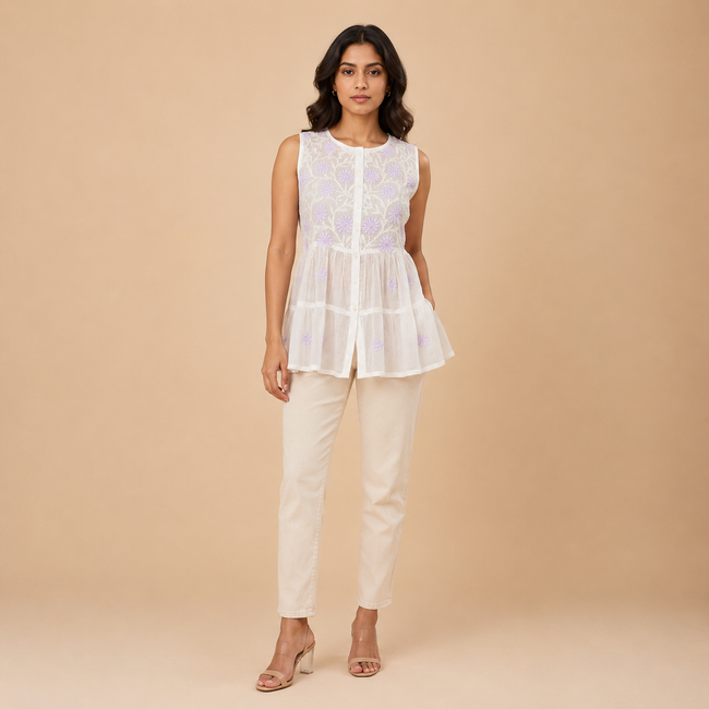 White Floral Chikankari Hand Embroidered Mul Cotton Top