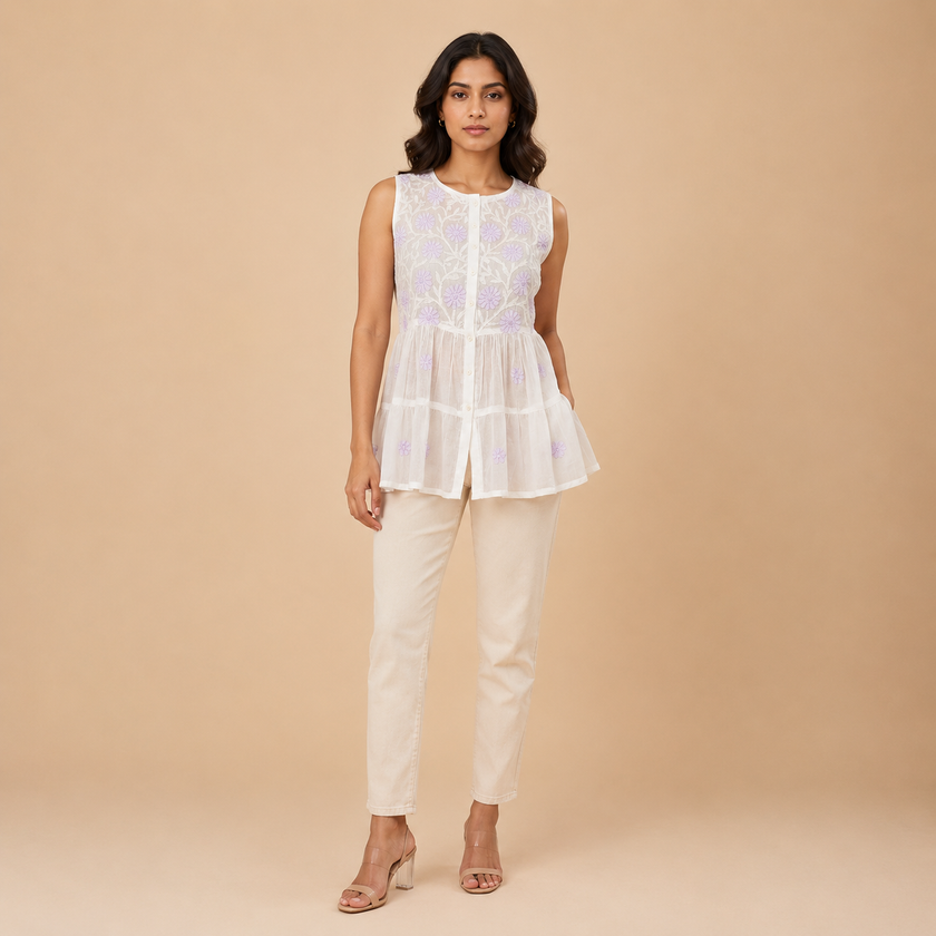 White Floral Chikankari Hand Embroidered Mul Cotton Top