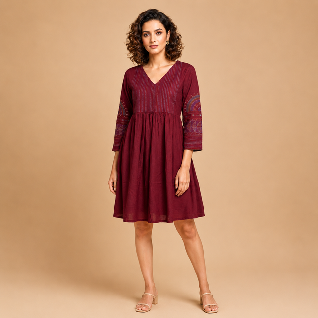 Maroon Hand Embroidered Kurta With Pleats