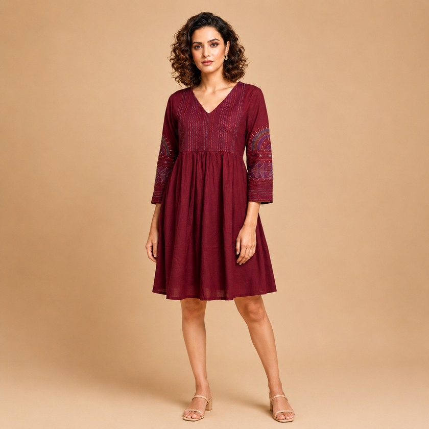 Maroon Hand Embroidered Kurta With Pleats