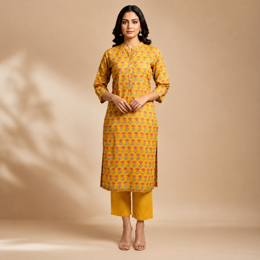 Yellow Handblock Printed Cotton Suit Set with Mandarin Neck