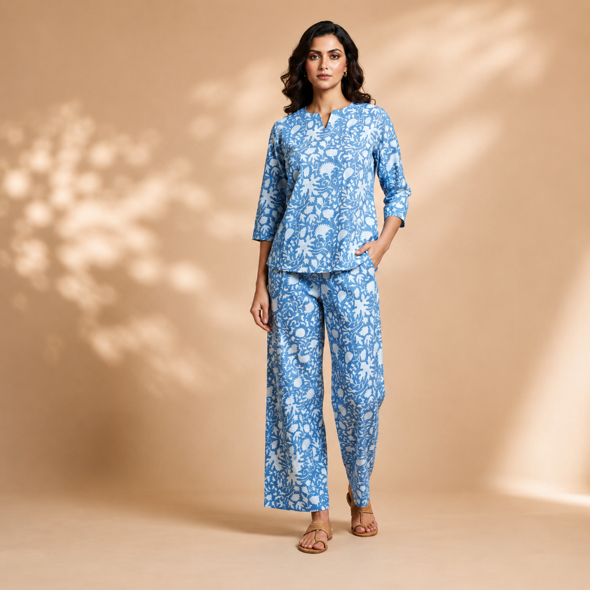 Blue Handblock Printed Cotton Co-ord Set