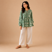Green Floral Hand block Printed Cotton Rayon Top