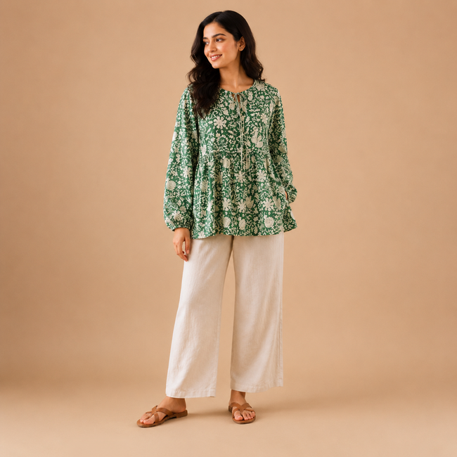 Green Floral Hand block Printed Cotton Rayon Top