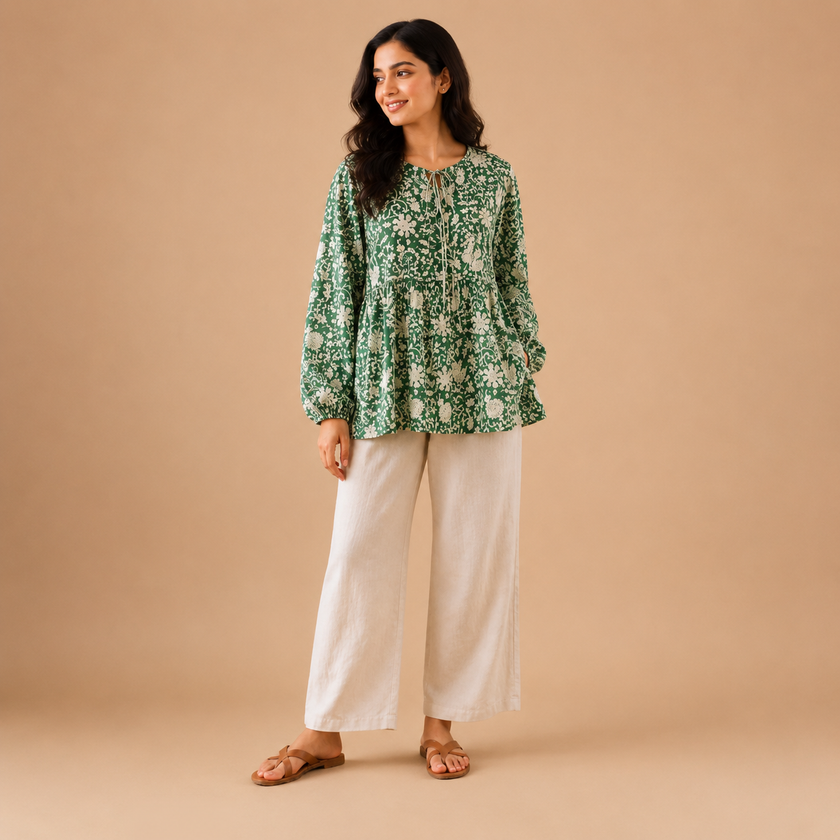 Green Floral Hand block Printed Cotton Rayon Top