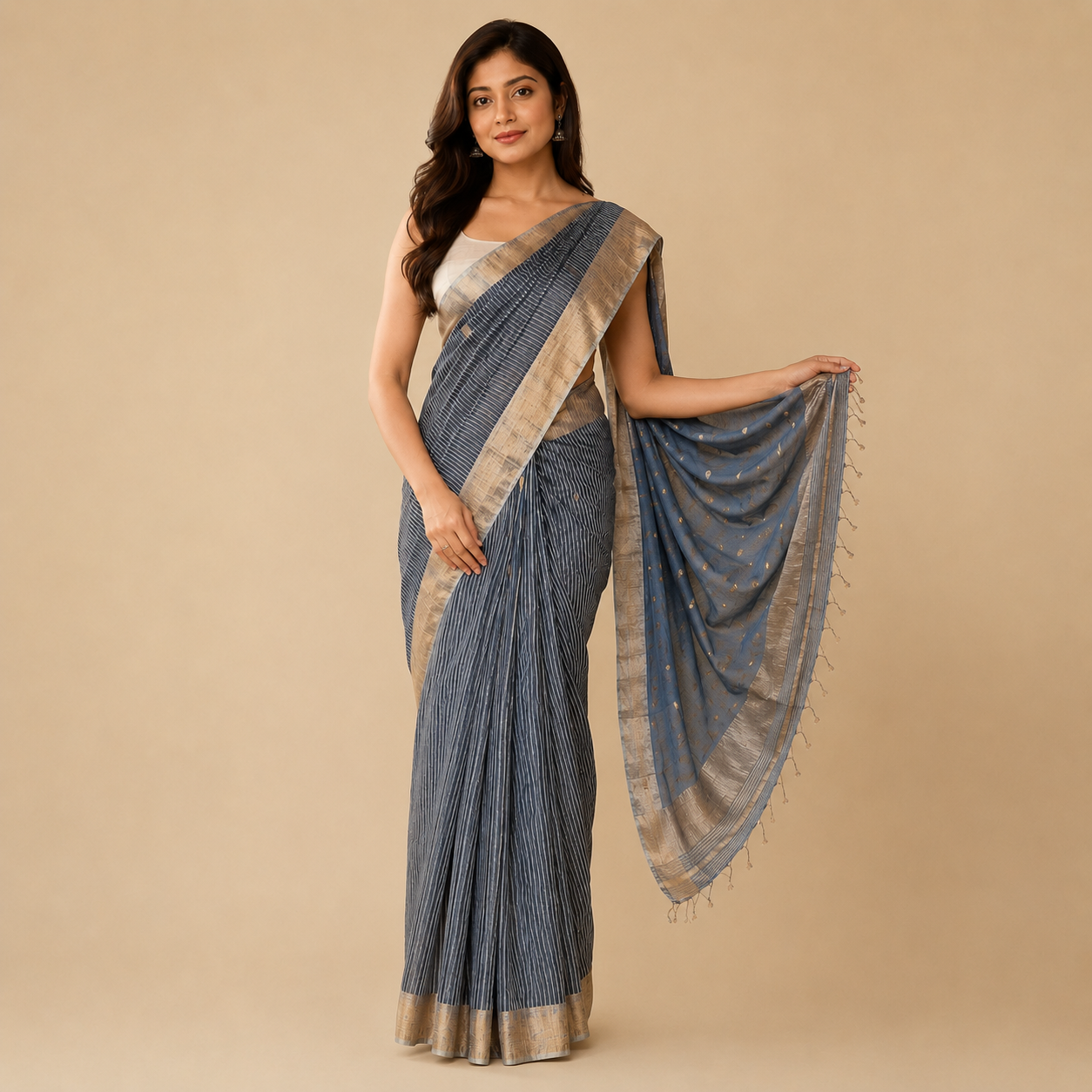 Blue Maheshwari Handloom Cotton Silk Saree with Stripes & Gold Buta