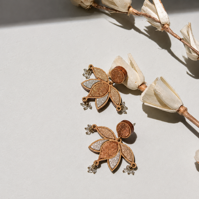 WHE Golden Repurposed Fabric and Wood Lotus Earrings
