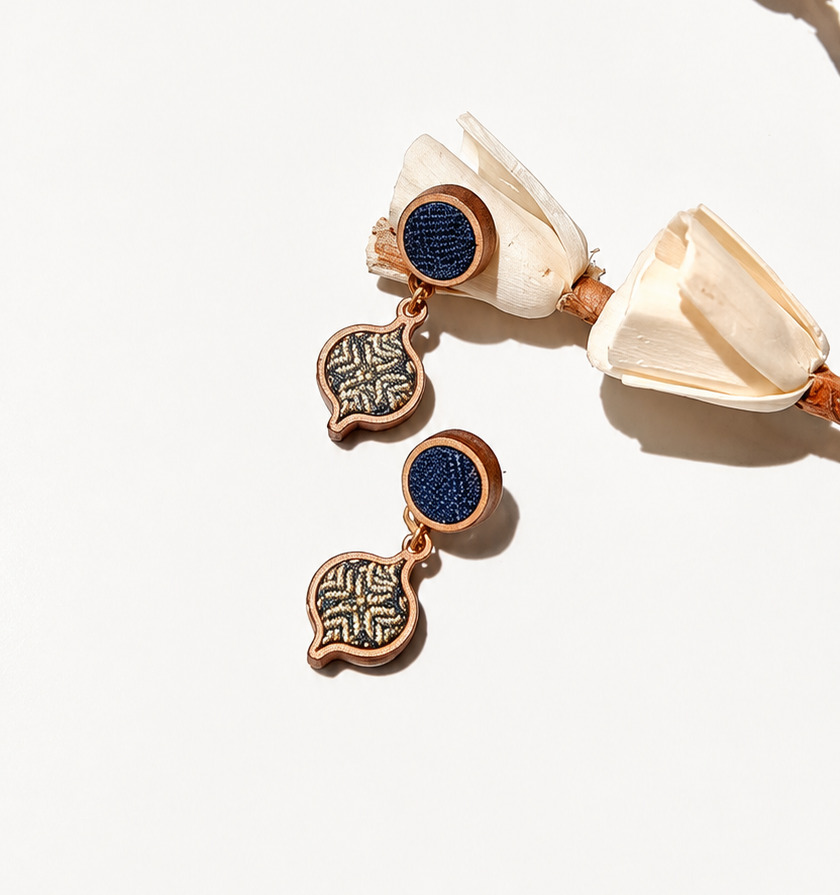 WHE Indigo Brocade  Festive Repurposed Fabric and Wood Earrings