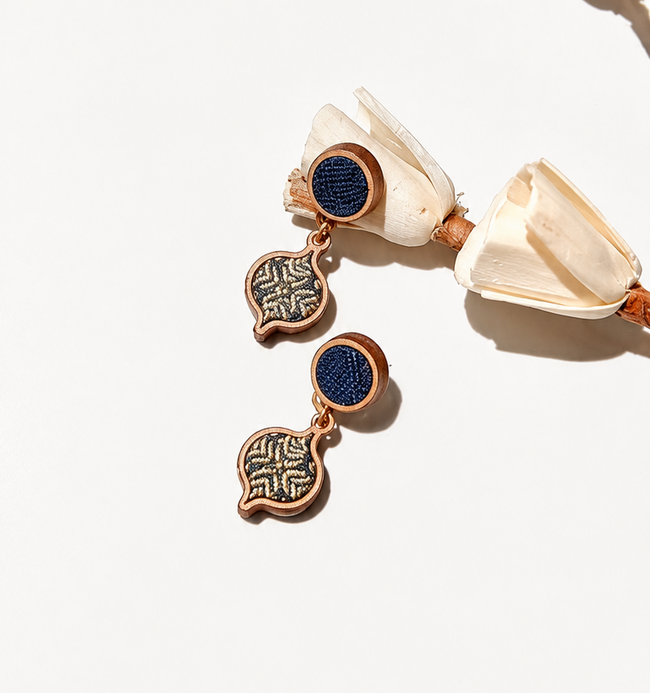 WHE Indigo Brocade  Festive Repurposed Fabric and Wood Earrings