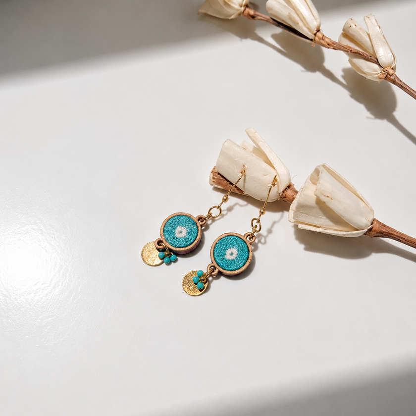 WHE Blue Bhandhini Festive Repurposed Fabric and Wood Choker Earrings