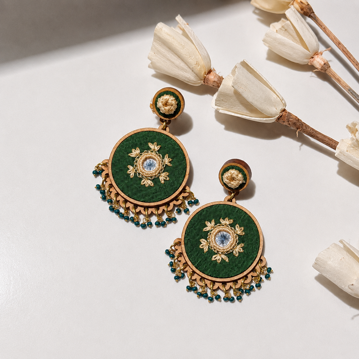 WHE Green Embroidered Festive Repurposed Fabric and Wood Statement Earrings