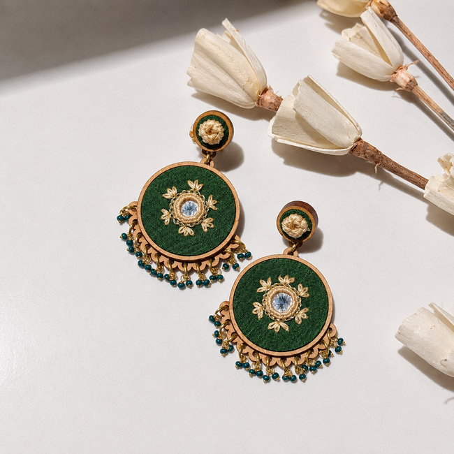 WHE Green Embroidered Festive Repurposed Fabric and Wood Statement Earrings