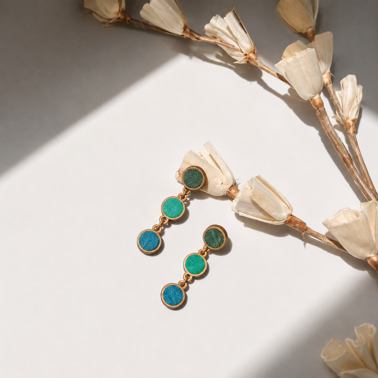 WHE Multicolor Repurposed Fabric and Wood Connecting Round Earrings