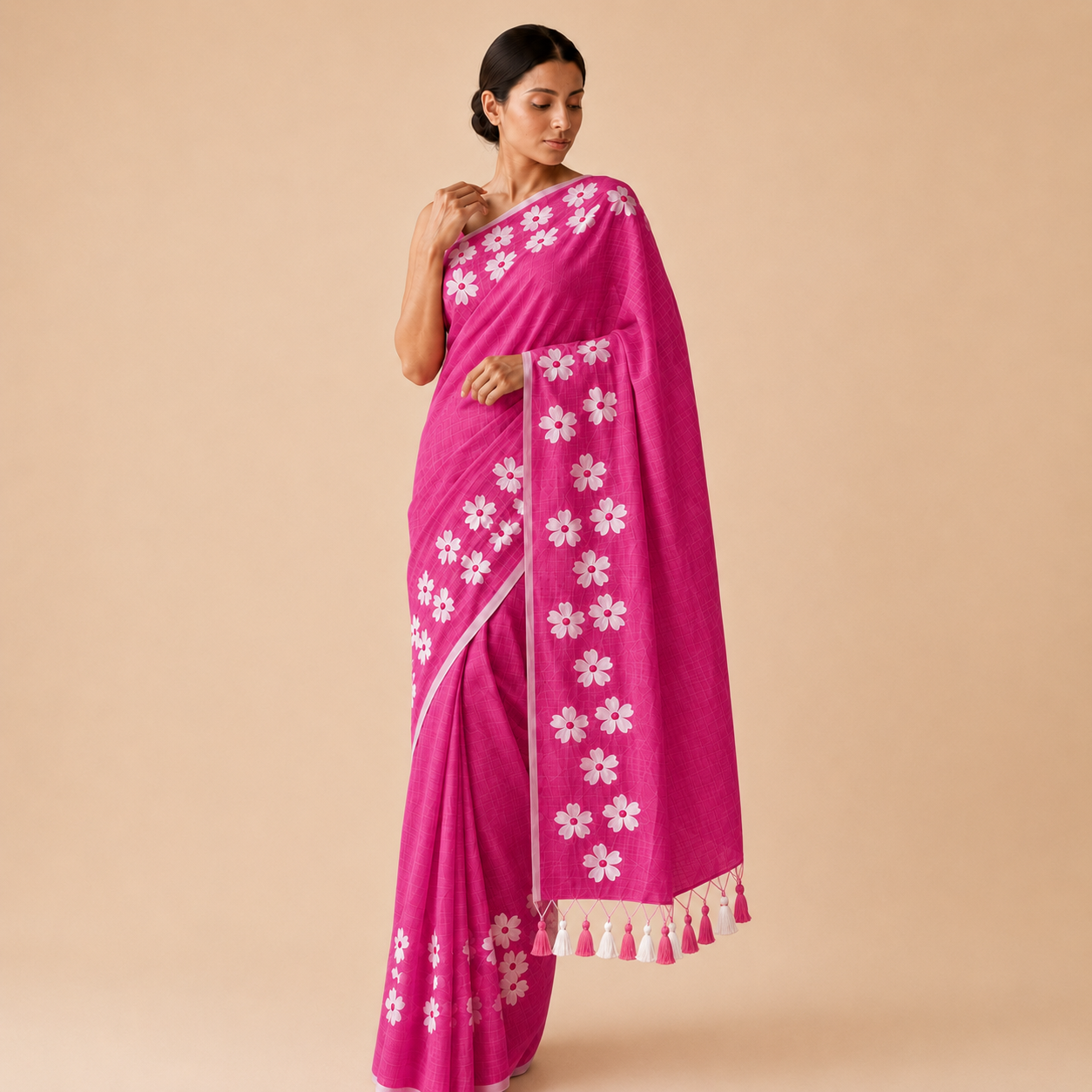 Rose Pink Small Daisy Flower Border Hand Painted Mul Cotton Saree with Pink and White tassels- Without Blouse