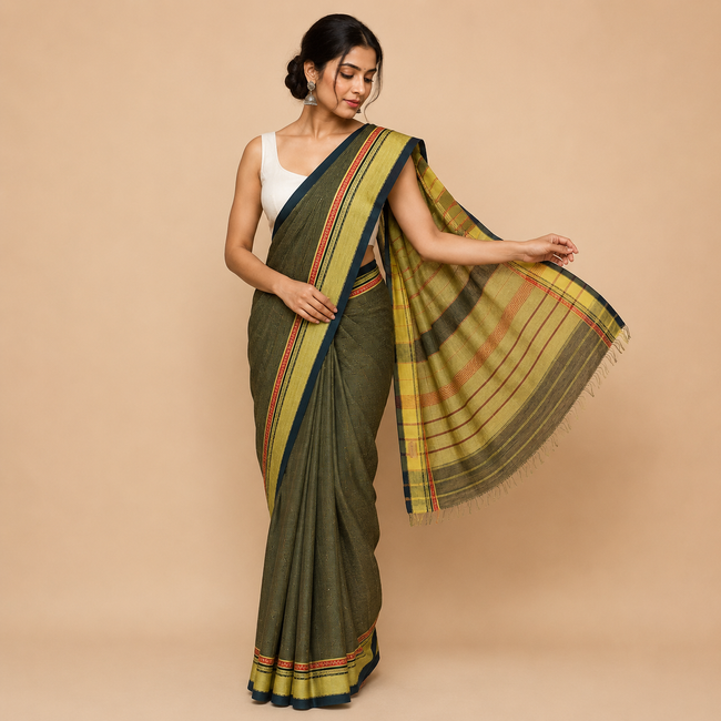 Yellow Pure Cotton 10th Century Handloom Saree