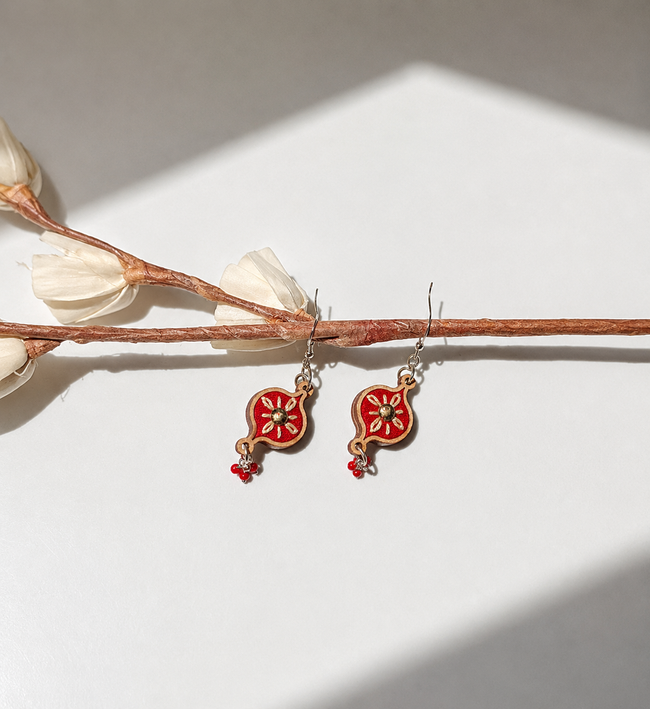 WHE Maroon Embroidered Festive Repurposed Fabric and Wood Earrings