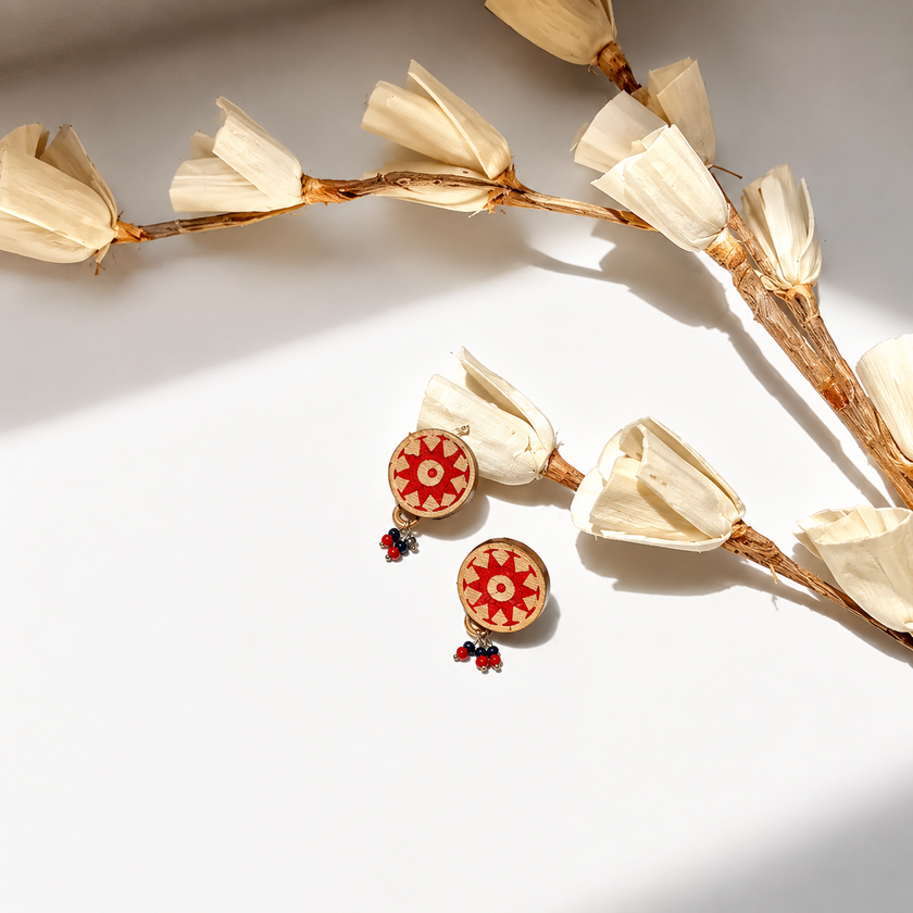 WHE Red & Beige Repurposed Fabric and Wood Earrings