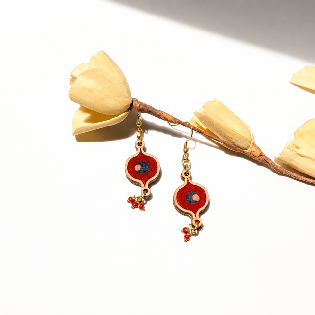 WHE Red Ajrak Festive Repurposed Fabric and Wood Earrings