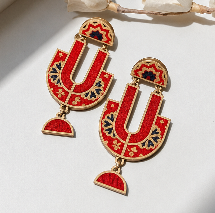 WHE Red Ajrak Repurposed Fabric and Wood Earrings
