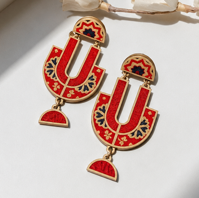 WHE Red Ajrak Repurposed Fabric and Wood Earrings