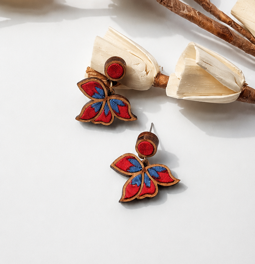 WHE Multicolor Floral Repurposed Fabric and Wood Earrings