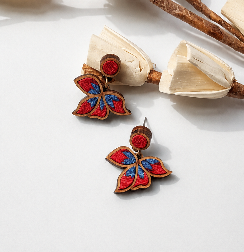 WHE Multicolor Floral Repurposed Fabric and Wood Earrings