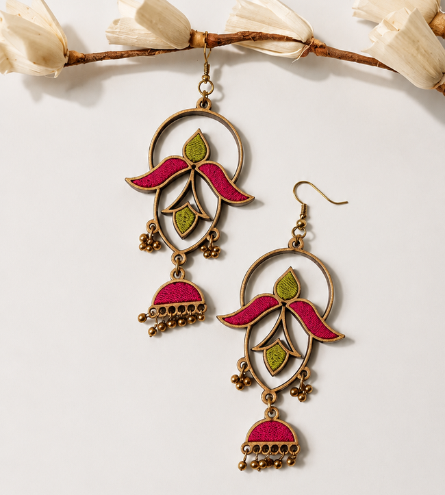 WHE Pink & Green Repurposed Fabric and Wood  Earrings
