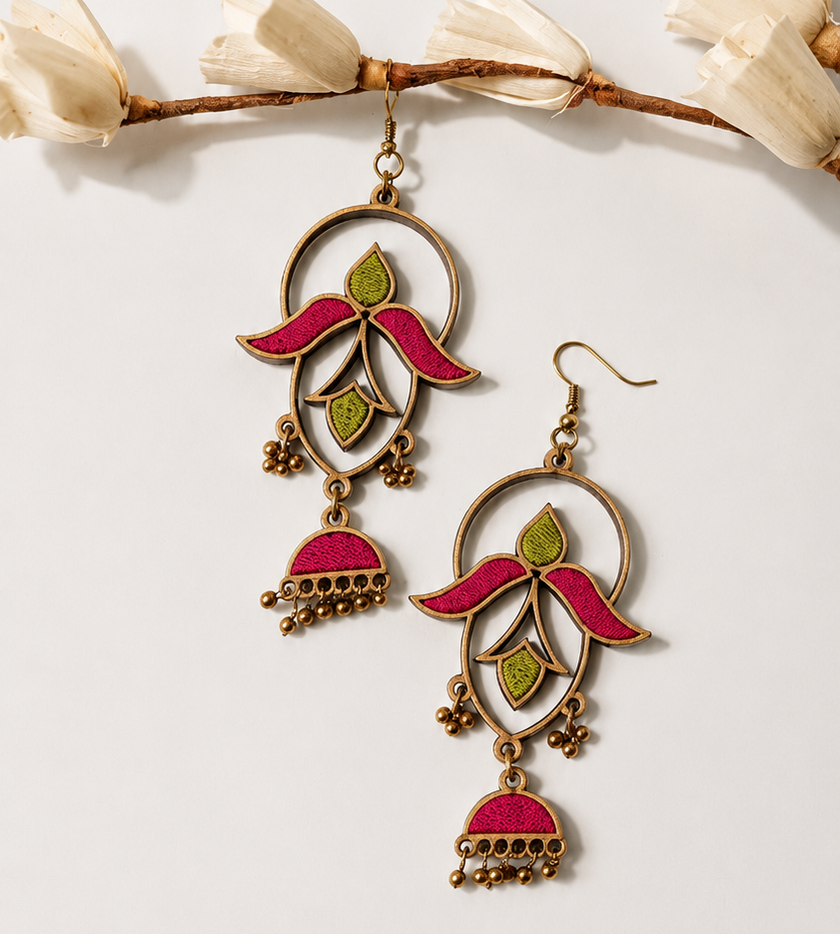 WHE Pink & Green Repurposed Fabric and Wood  Earrings